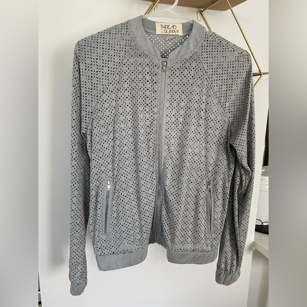 Thread & supply grey keyhole faux suede jacket